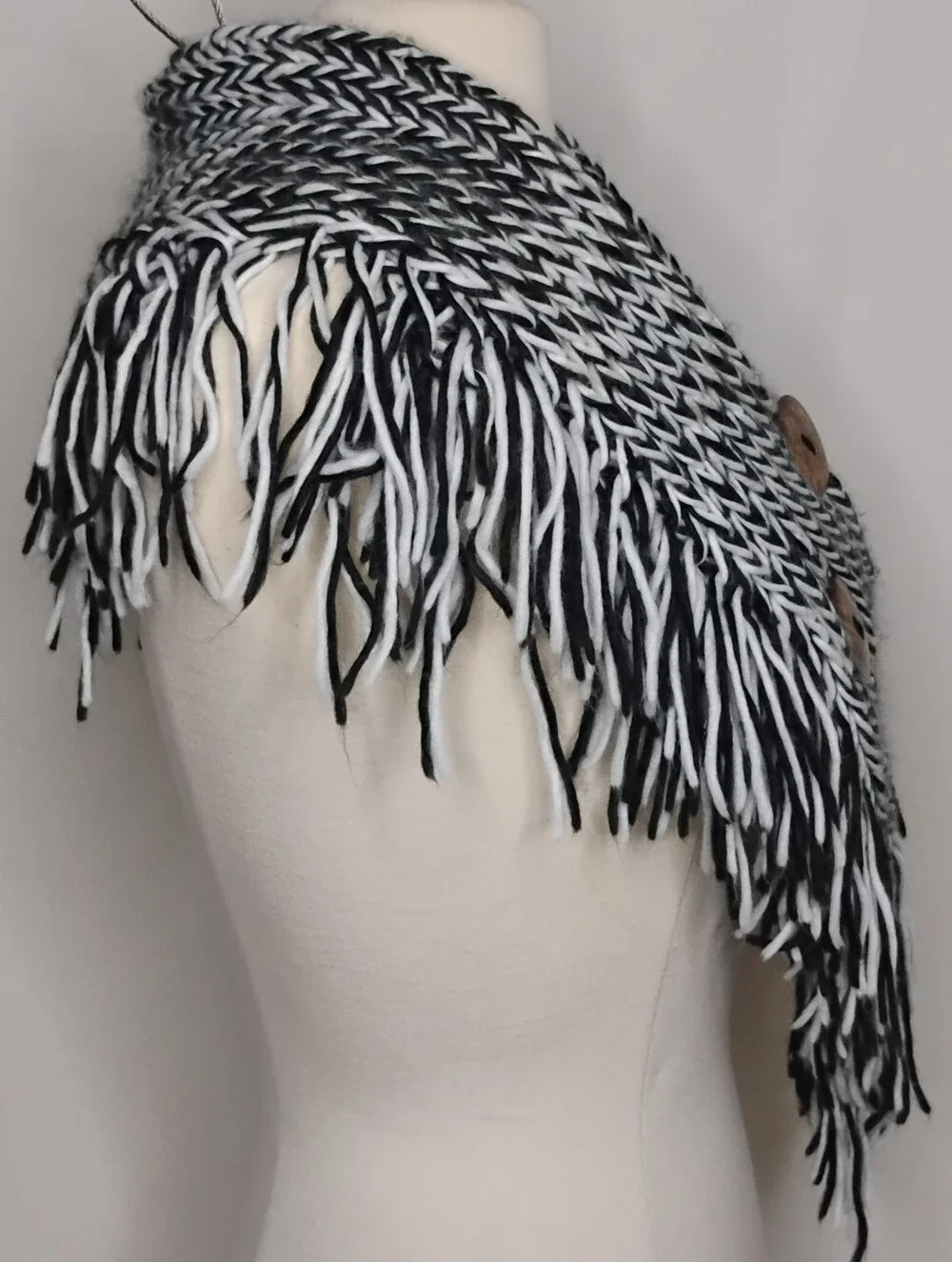 Women's Black & White Fringe Soft Warm Woven Crochet Knit Shawl Wooden Buttons